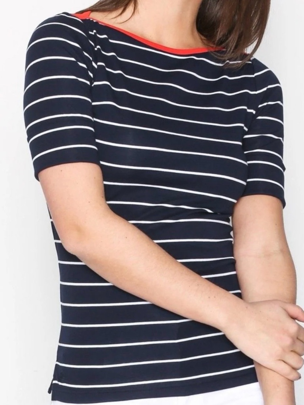 Ralph Lauren Navy and White Striped Short Sleeve Top with Red Trim XL